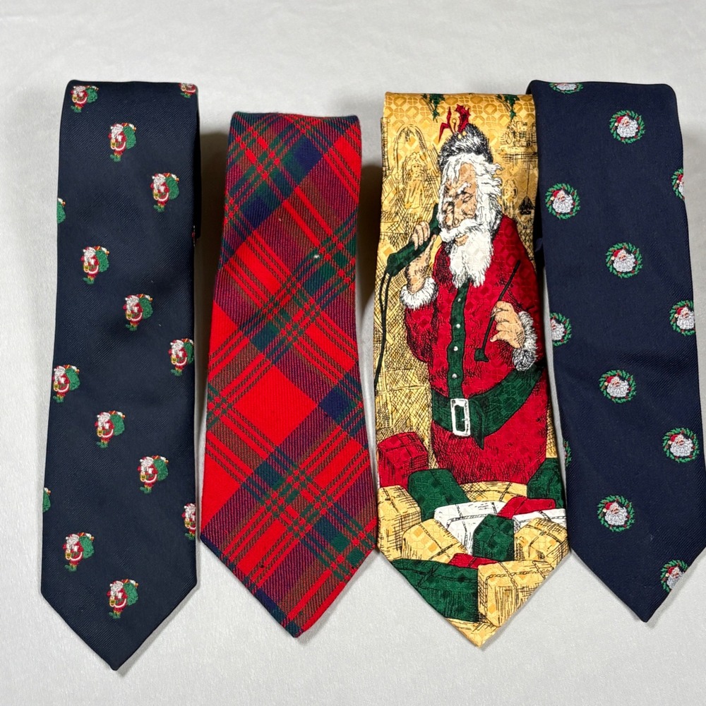 Christmas Necktie Lot Mens OS Christmas Santa Plaid Multi Holiday Vintage 4pc - Picture 2 of 13